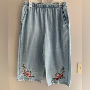 CW Classics Womens Blue Floral Embroidered Wide Leg Cropped Cottagecore Pants L